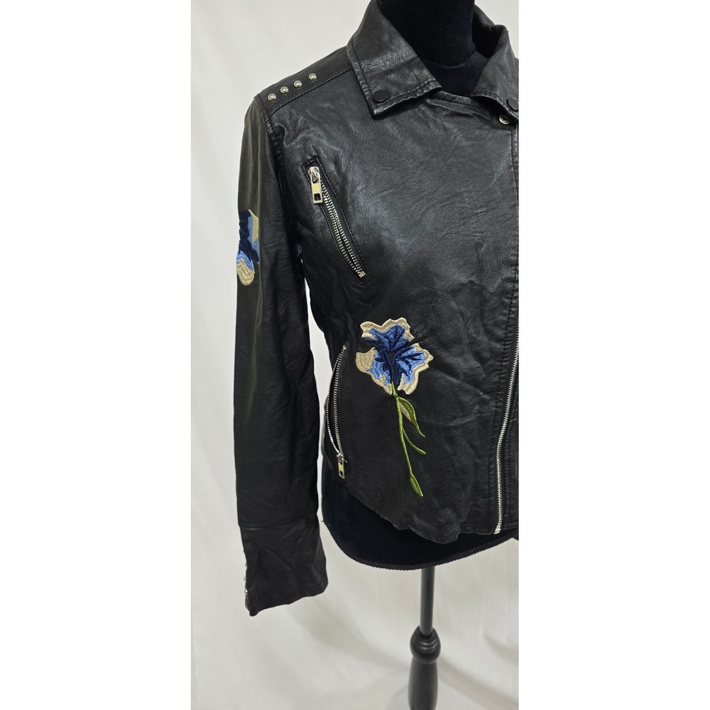 Ci Sono women L black faux leather moto jacket floral embroidery grunge gothic - Picture 3 of 15